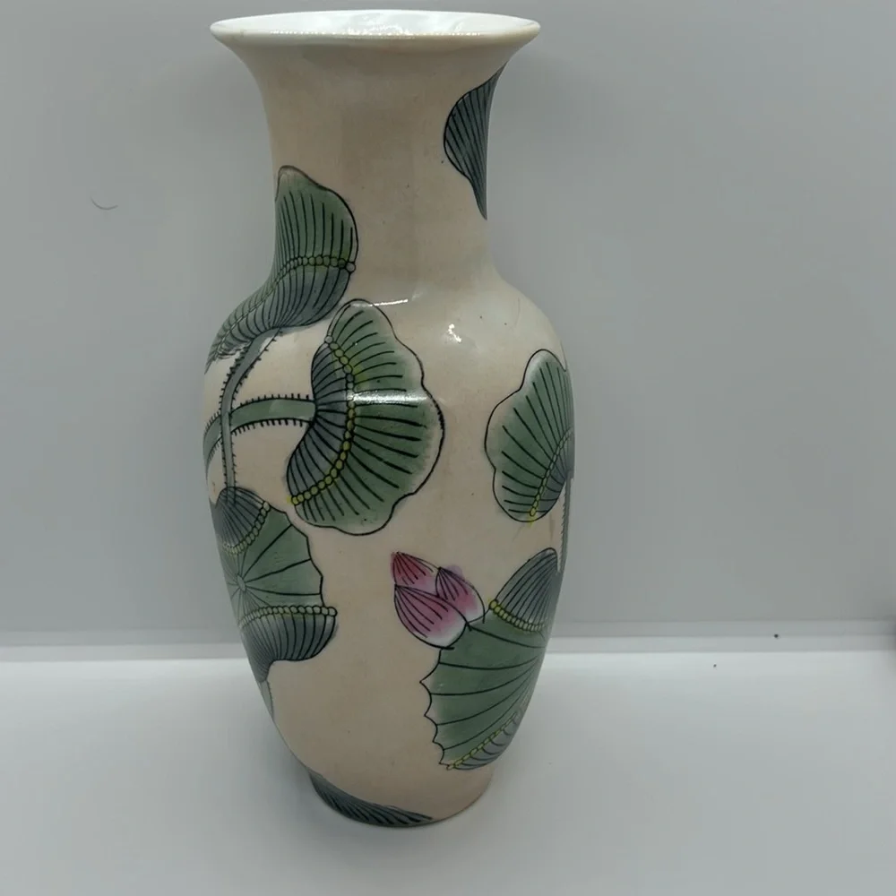 Floral Ceramic Vase with Lotus Design Vintage Handpainted Chinese Porcelain